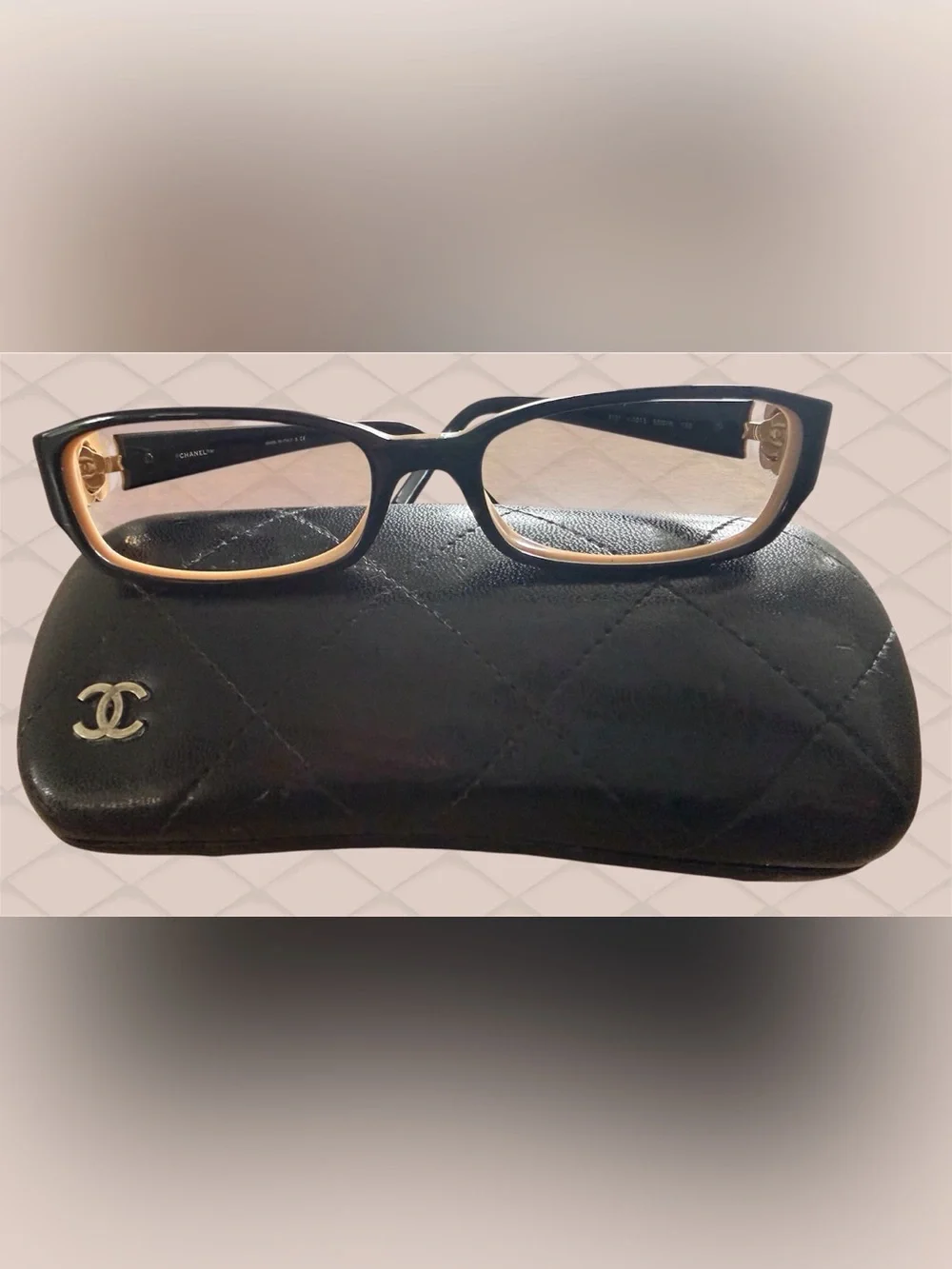 CHANEL Black Frames with Tan Inner Trim and Gold Flower with emblem on temples